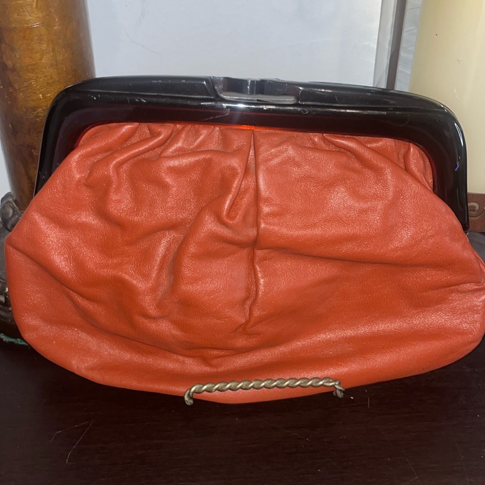 Mantessa Clutch Bag Made in Italy Vintage Brown Leather Tortoise Bakelite Purse